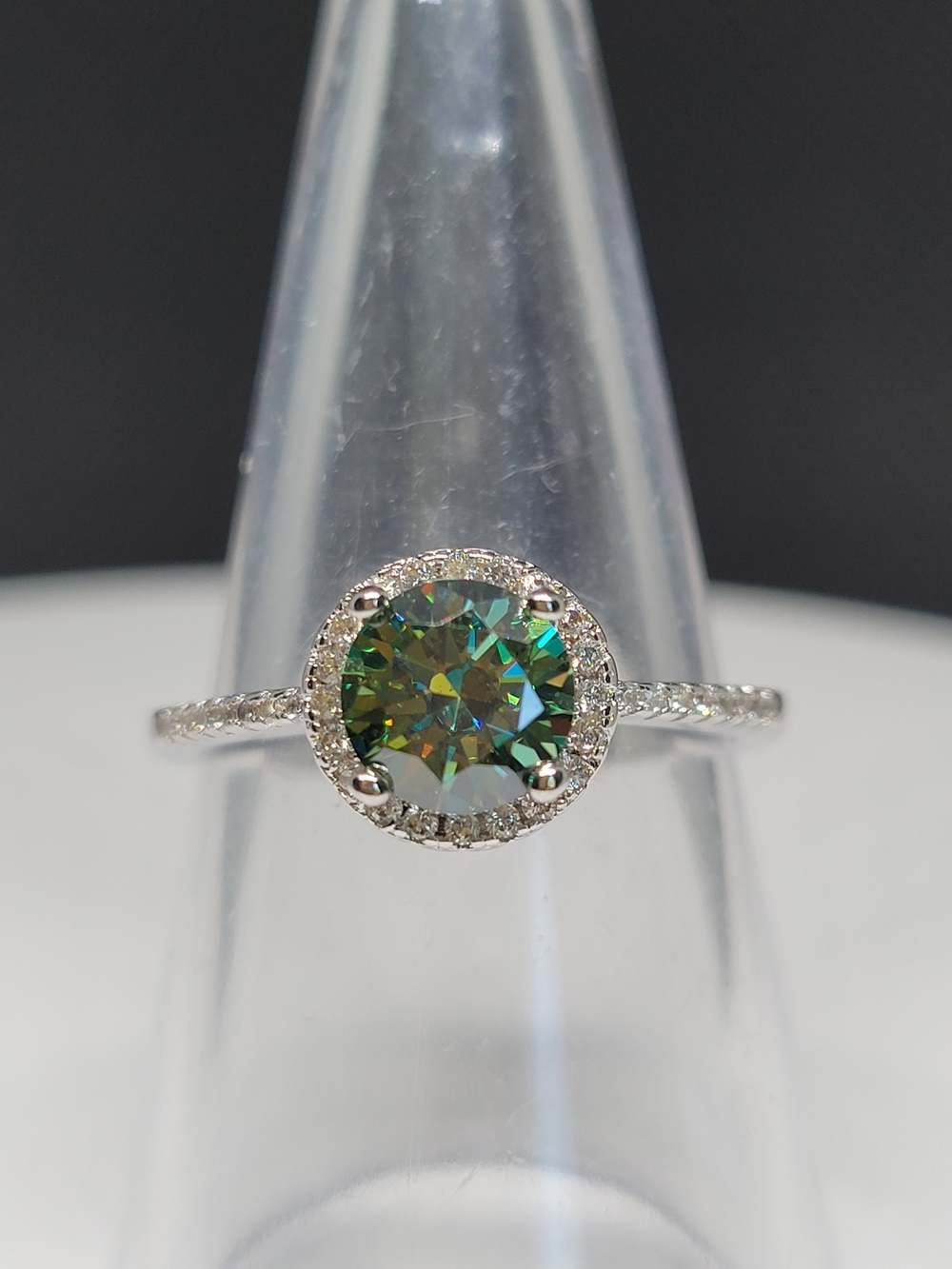 Green Halo Moissanite Solitaire Ring in 14k White GP